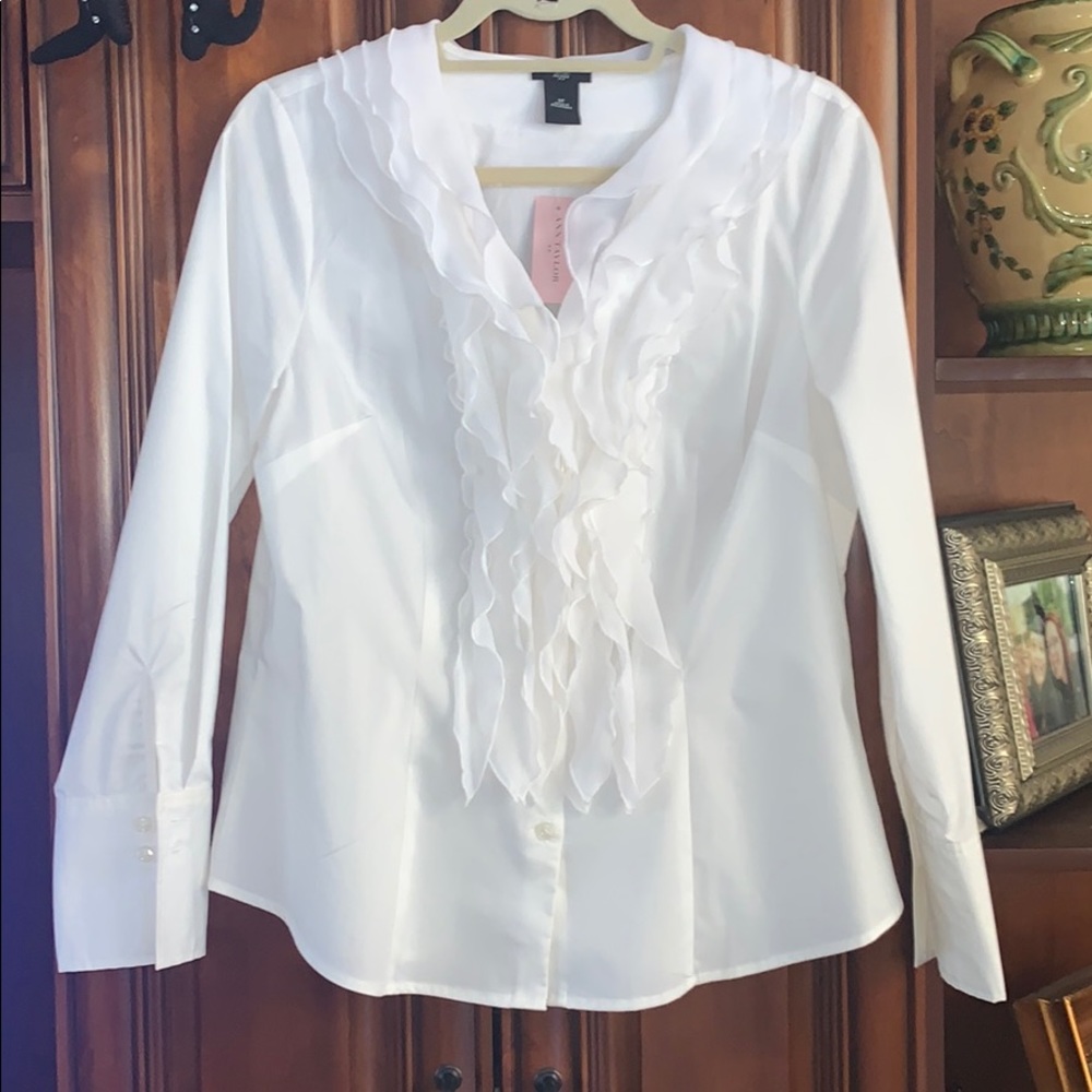 NWT Classy Ann Taylor White Button ruffle blouse